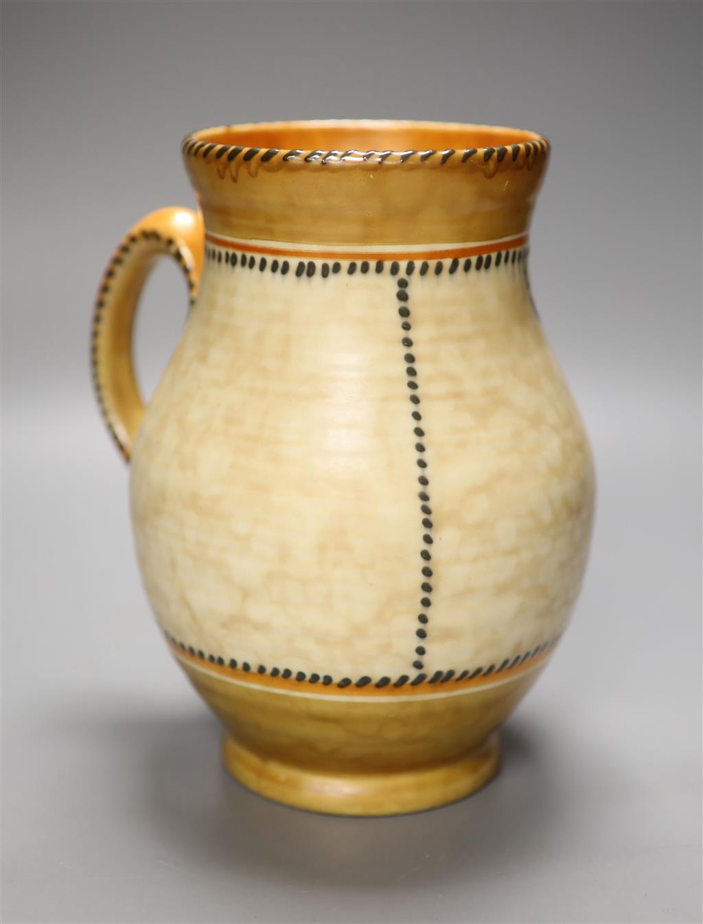 A Crown Ducal stitch pattern jug designed by Charlotte Rhead, height 21cm